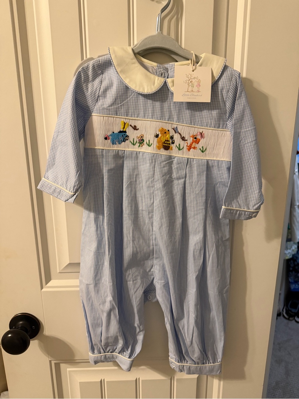 Light Blue Gingham Smocked Animal One-Piece Bodysuit with Peter Pan Collar